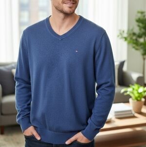 Tommy Hilfiger Blue Pima Cotton Knit V Neck Sweater, XL